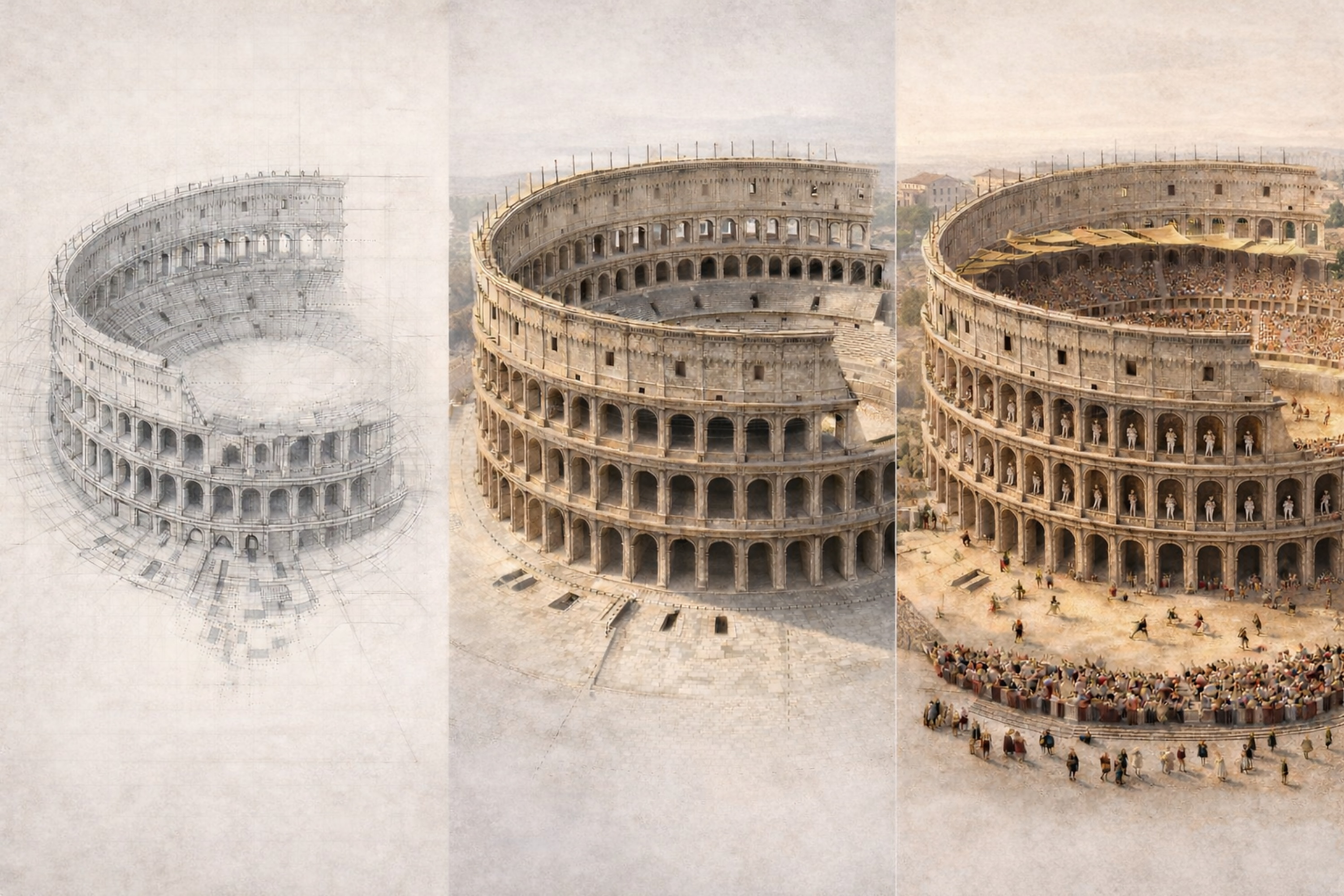 KI-Rekonstruktion: Amphitheatrum Flavium – Triptychon