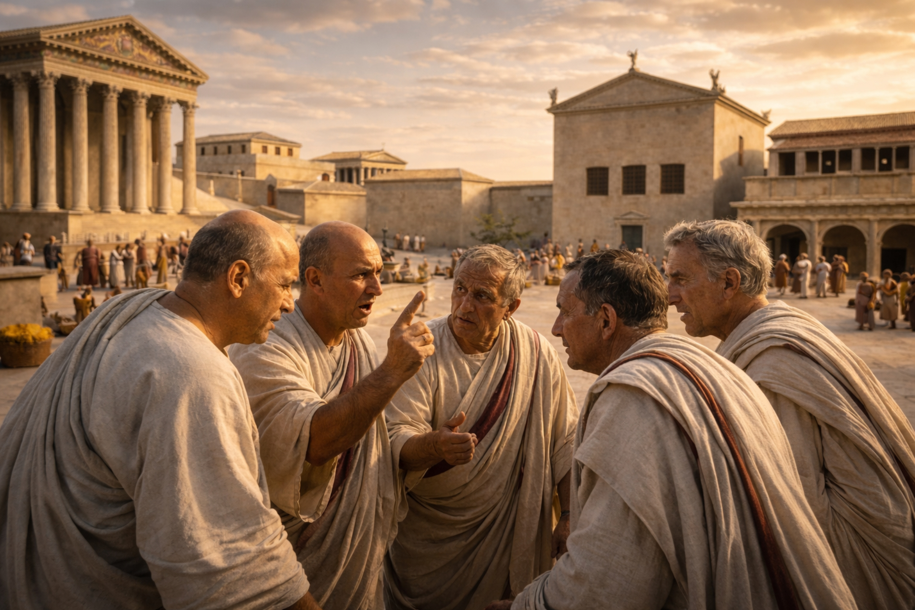 KI-Rekonstruktion: Senatoren und B&uuml;rger auf dem Forum Romanum, ca. 14 n.&thinsp;Chr.