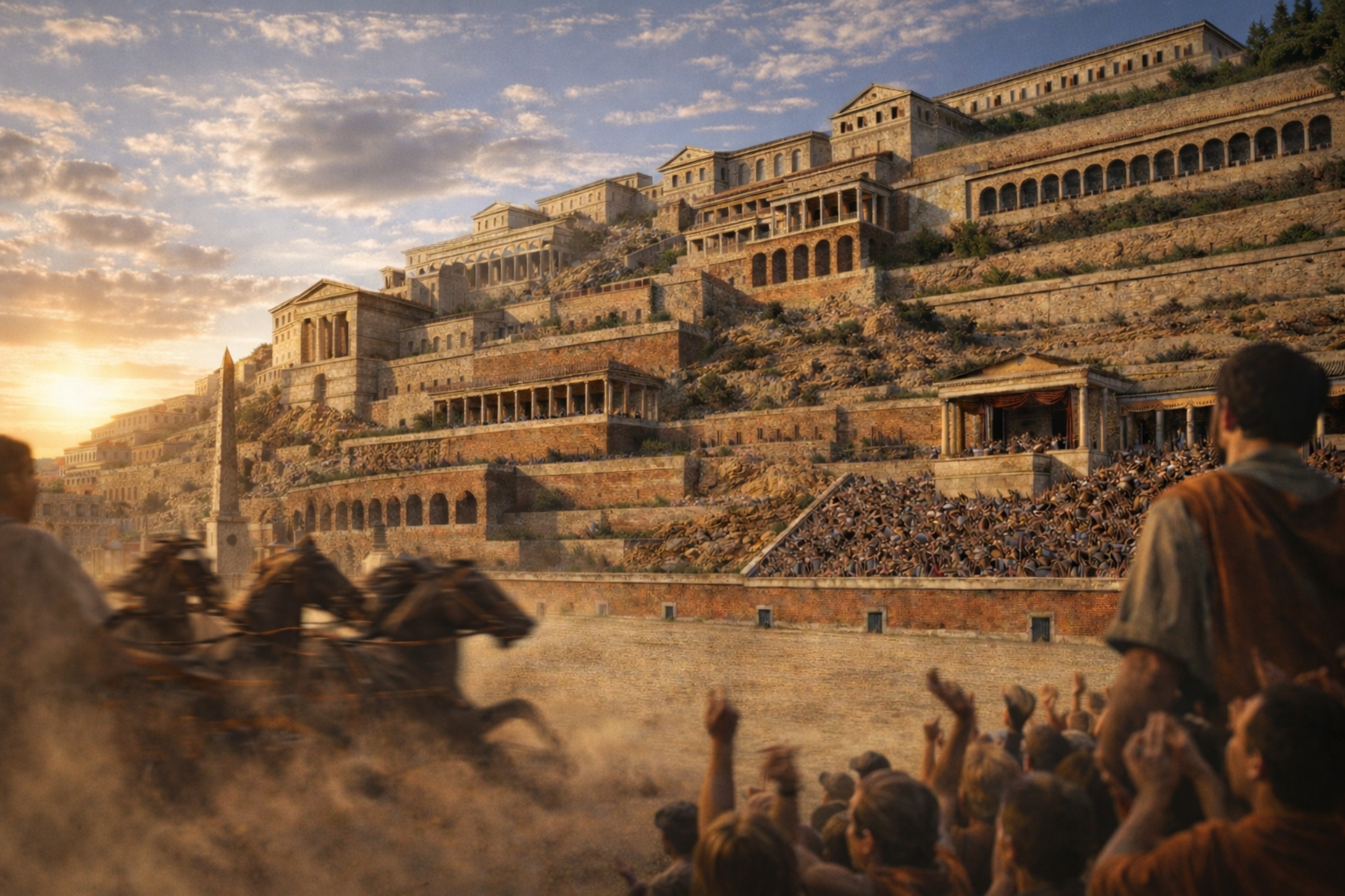 Rekonstruktion: Blick vom Circus Maximus auf den Palatin mit den Kaiserpalaesten