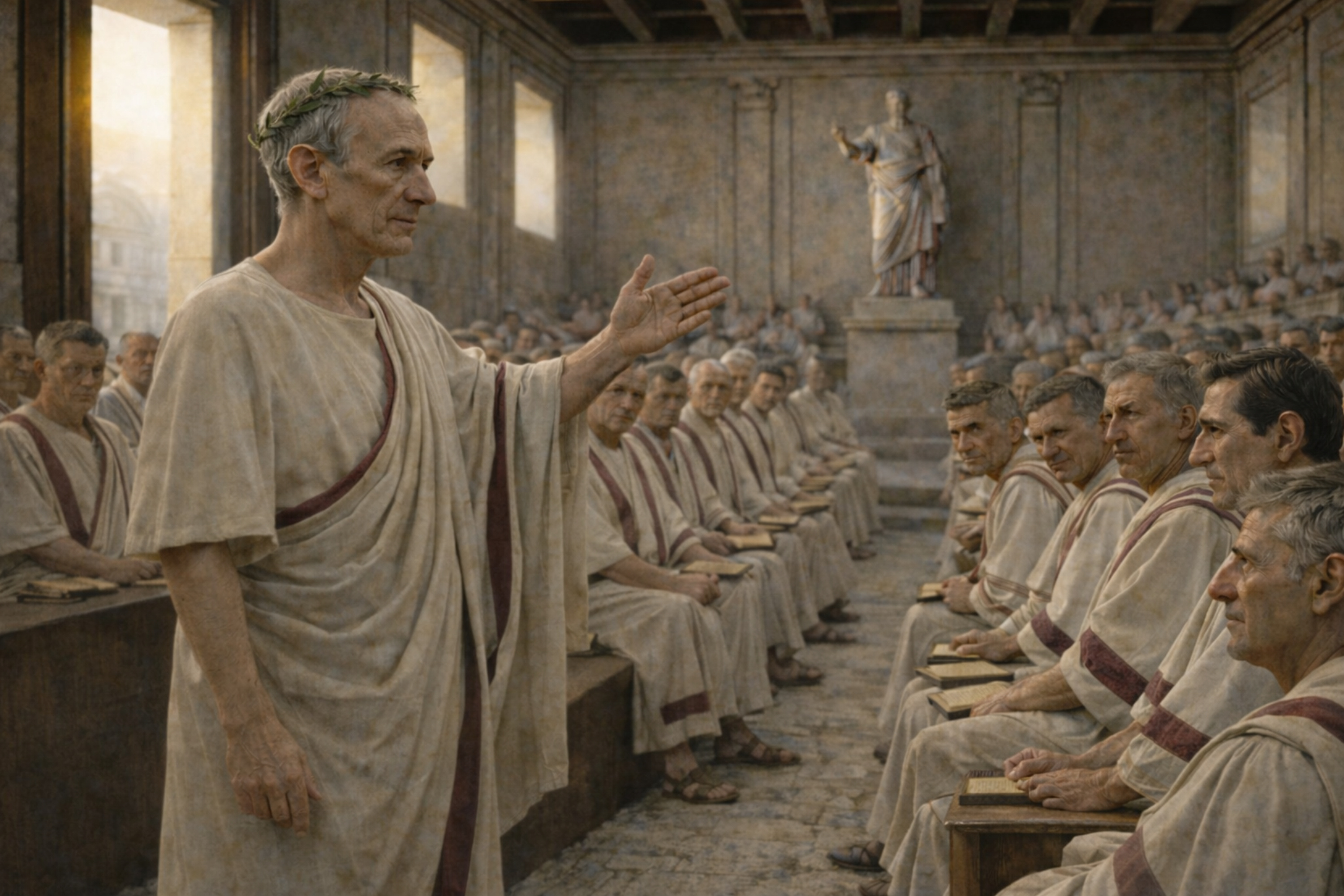 Rekonstruktion der Senatssitzung in der Curia Pompeia, 15. März 44 v. Chr.