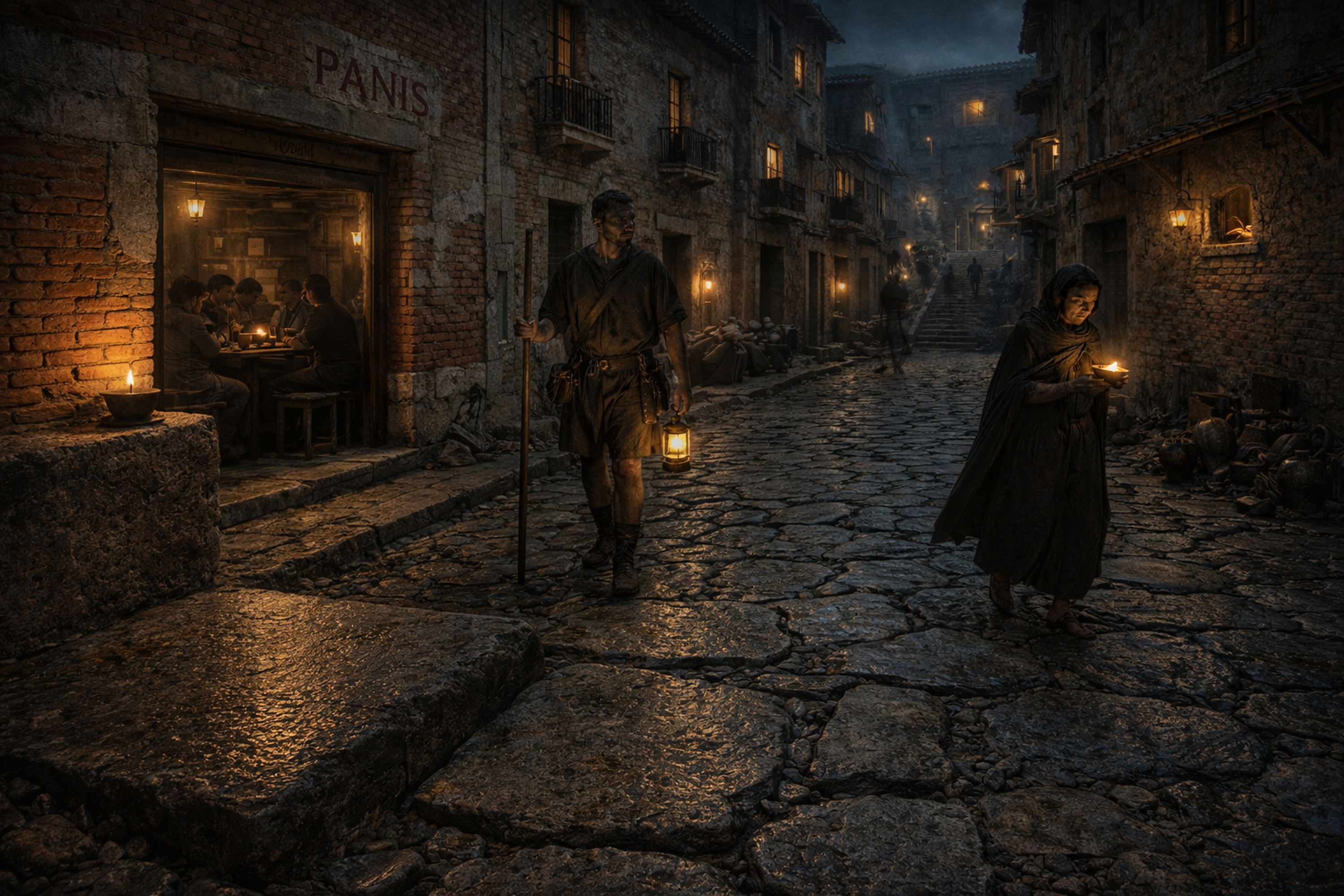 Rekonstruktion: Subura bei Nacht – enge Gasse, Mietshäuser (insulae) und ein Trupp vigiles