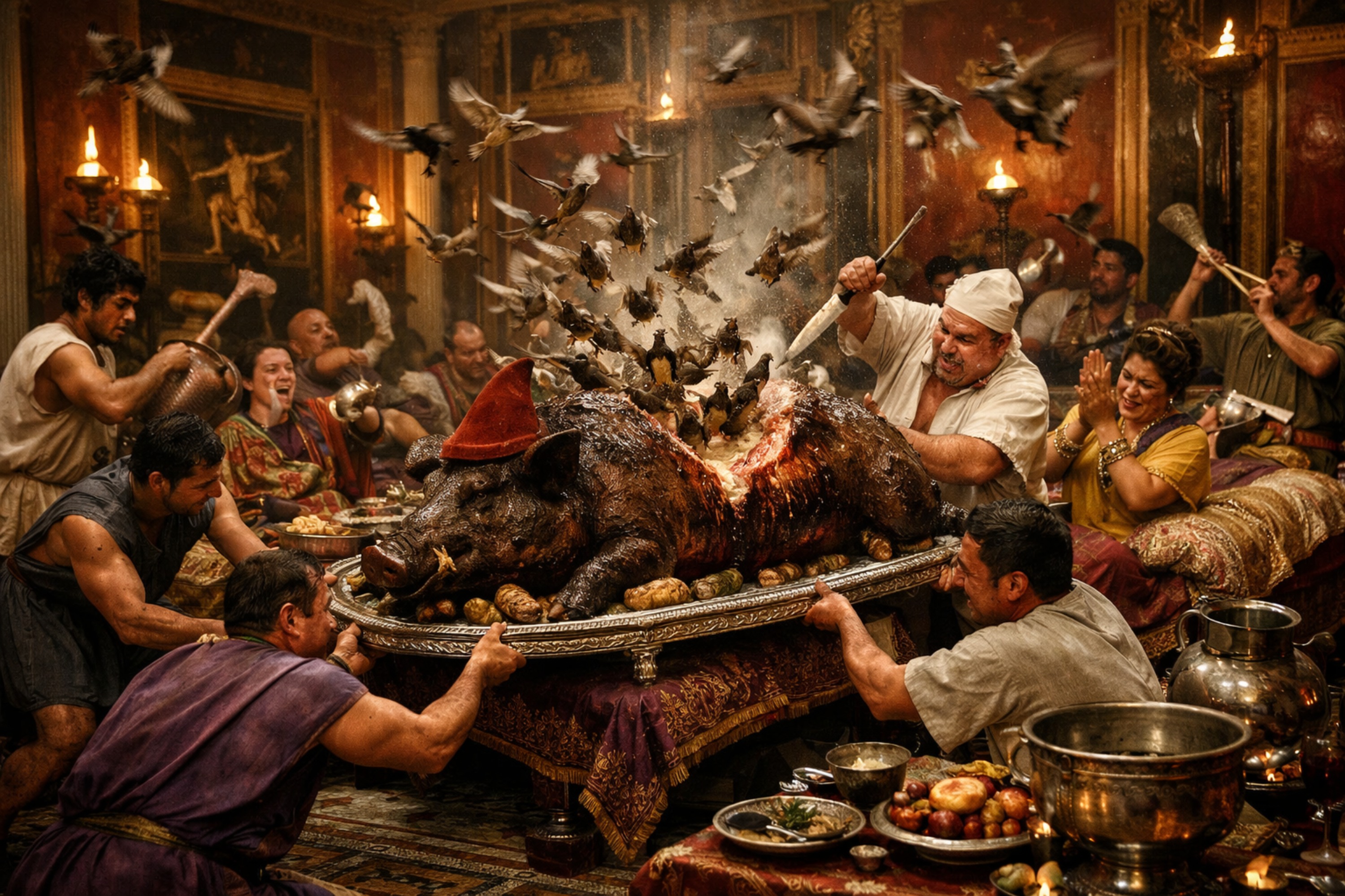 KI-Rekonstruktion: Gastmahl im Triclinium des Trimalchio