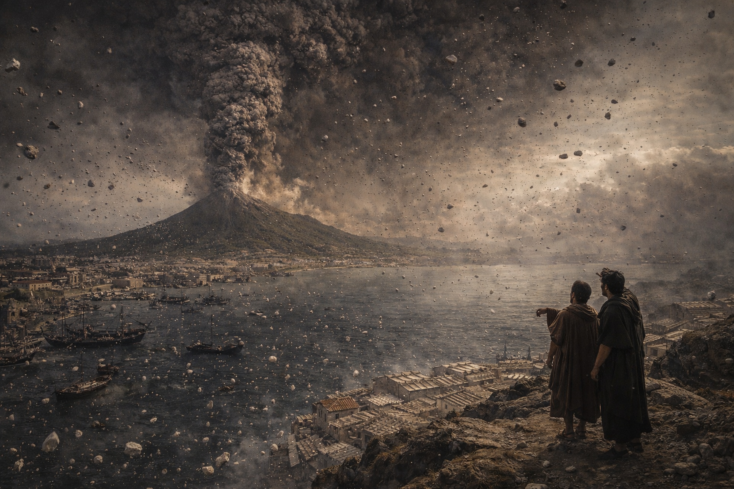 KI-Rekonstruktion: Phase 2 – Bimssteinregen beim Vesuvausbruch, 79 n.&thinsp;Chr.