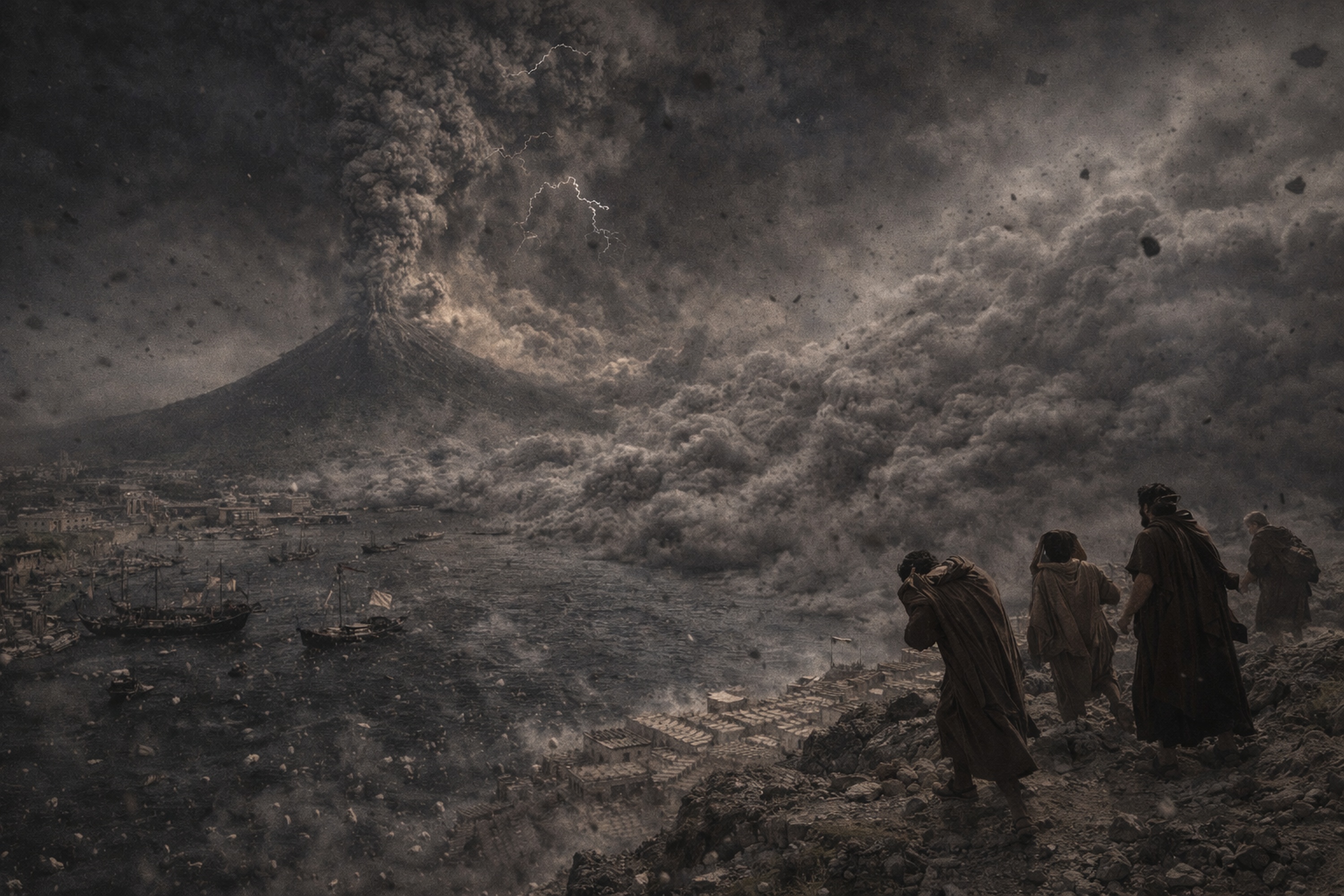 KI-Rekonstruktion: Phase 3 – Kollaps der Eruptionssäule, pyroklastische Ströme, 79 n.&thinsp;Chr.