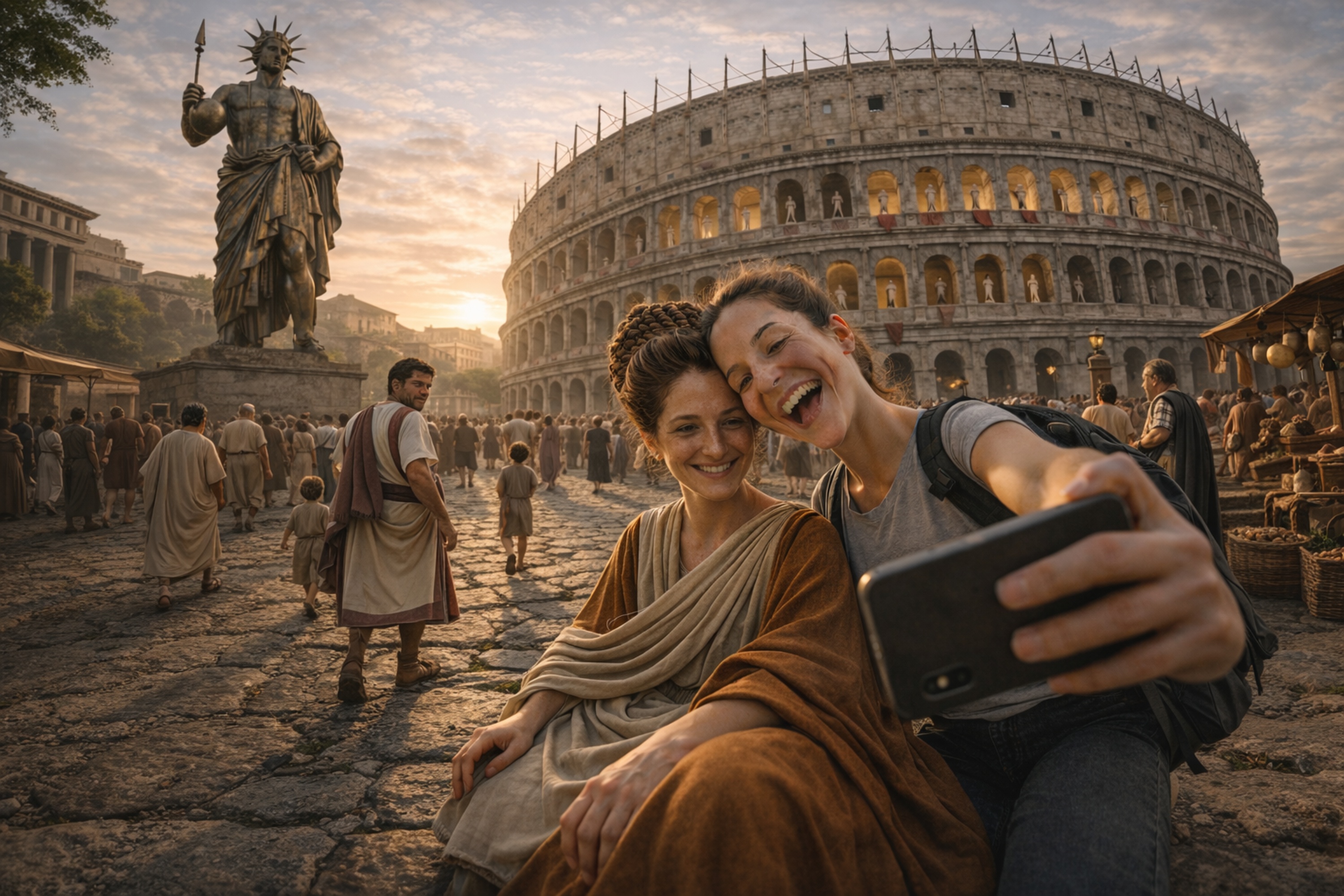 Zeitreisende vor dem Amphitheatrum Flavium